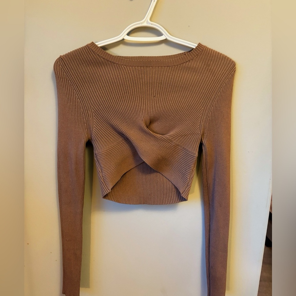 Brown Ribbed Long Sleeve Crop Top
